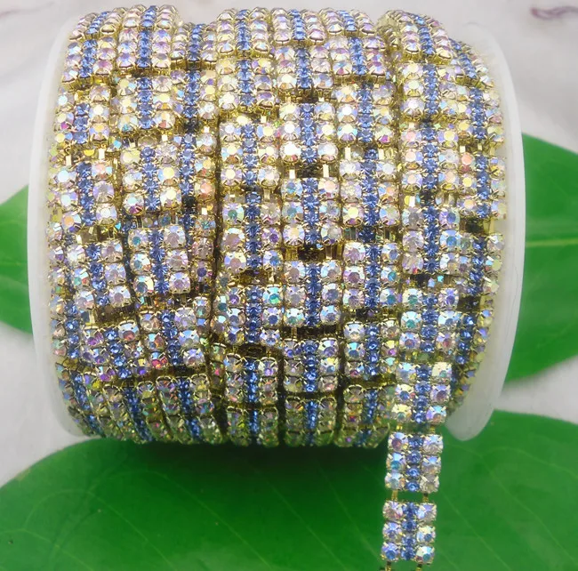 Diy 3 row blue+clear AB glass rhinestone close golden chain claw trim costume Applique 1 Yard free shipping