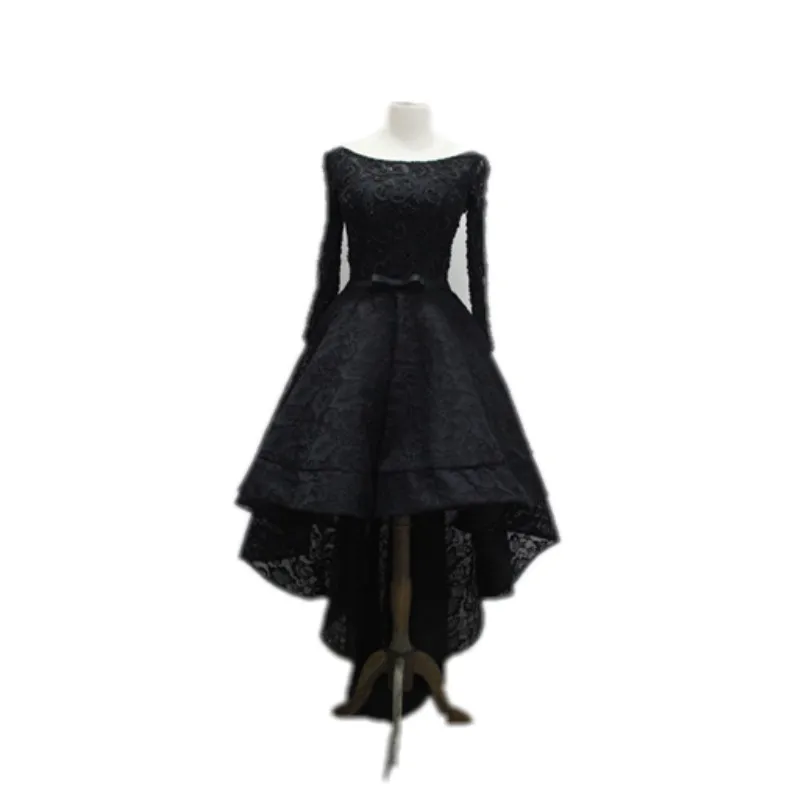 Реальные Фото Саламон AsymmetricalShort Передняя Лонг Вернуться Вечернее Dress Черное Кружево Пром Dress Scoop Sash Высокий Низкий Пром Платья