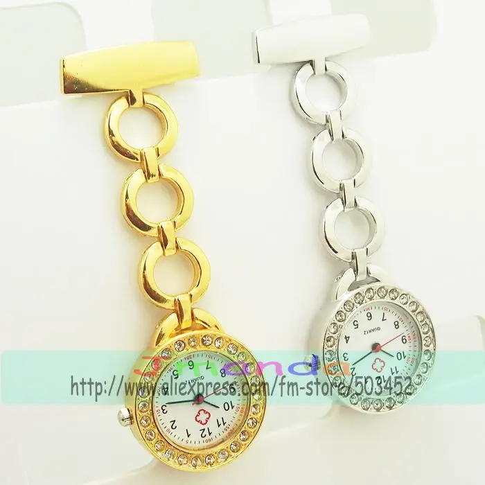 Круглые часы для медсестры с кристаллами Dail, модная медицинская сталь, часы с цепочкой, золотые и серебряные цвета на выбор, 100 шт./партия