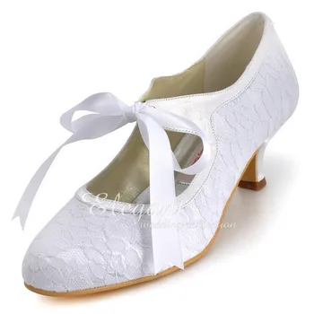 

A3039 White Ivory Wedding Shoes Mid Heels Closed Toe Ladies Mary Janes Pumps Lace Up Comfortable Bridal Party Dress Shoes