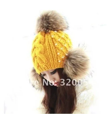 1 шт., 2013 newraccoon hair hat, зимняя женская вязаная шапка, рождественский подарок, желтый