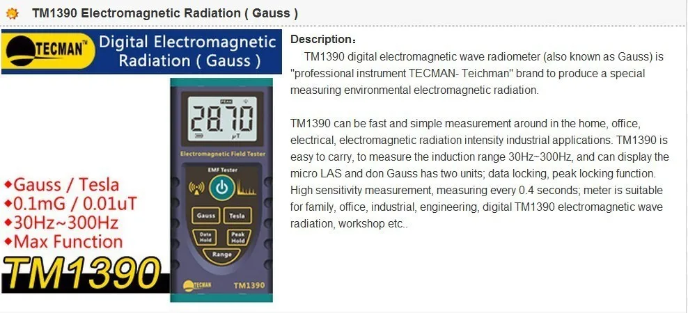 TM1390 electromagnetic Radiation Radiometer Instrument Measuring The Magnetic Field Radiation Tester Gauss Meter TECMAN 