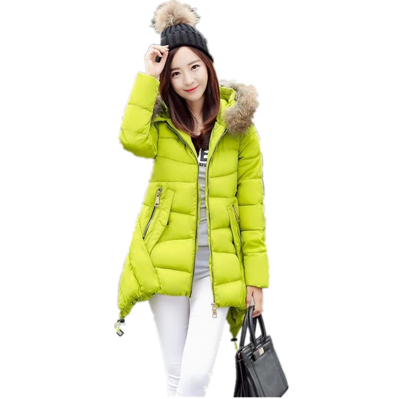 

2017 Winter Women Parka Middle-long Jacket ALine Irregular Thick Hooded Raccoon Fur Collar Collect Waist Down Cotton Coats CM521