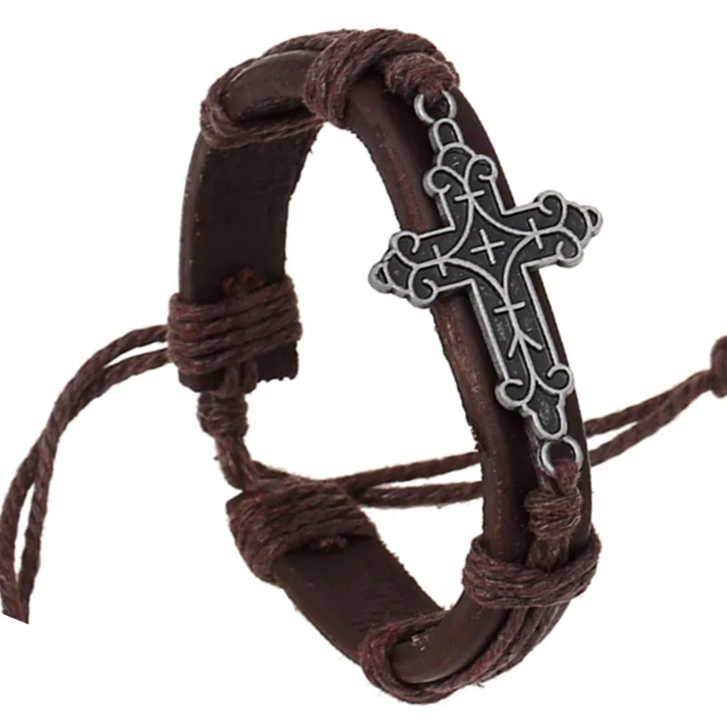 New Fashion Men Vintage Jewelry Leather Bracelets & Bangles Metal Cross