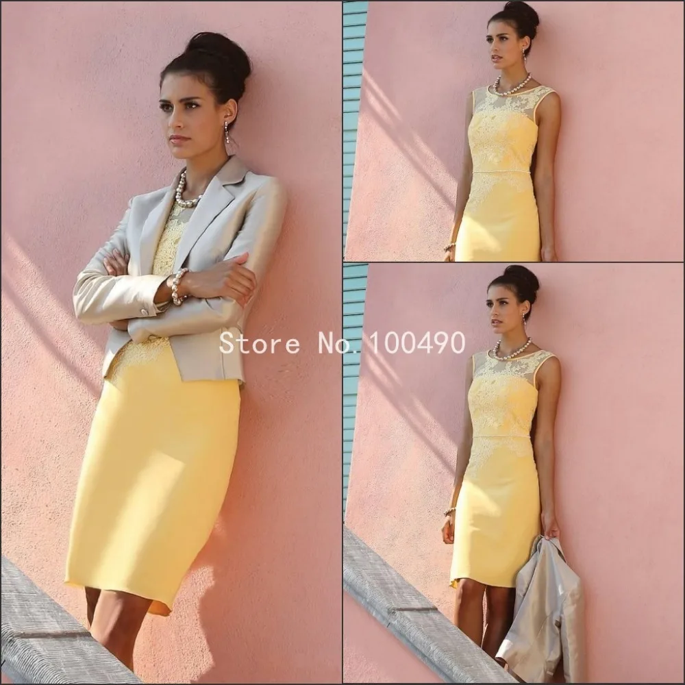 Желтый кружева мать невесты платья короткие Большой размер колен атласная с