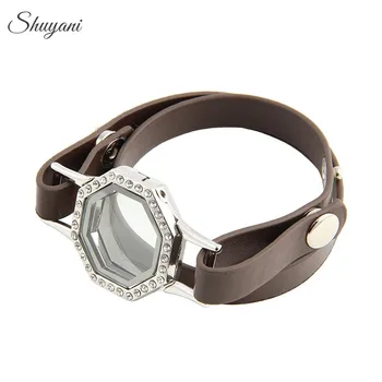

5PCS!! Newest 4Colors Floating Locket Charms Leather Bracelet Bangle Crystal Glass Memory Locket Wrap Bracelet Jewelry