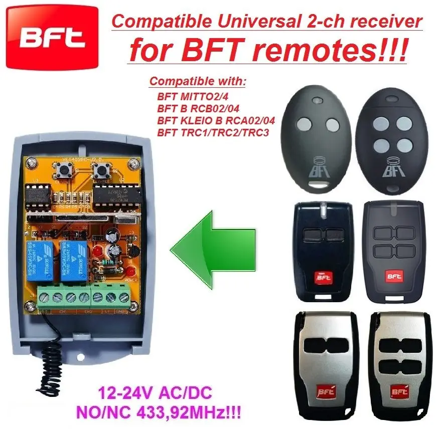 YET402PC V2.0 DC12V 24V 2 Channel 433 MHZ Compatible With BFT Universal ...