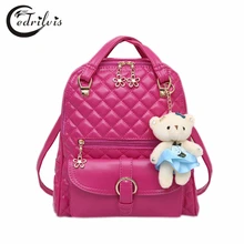 Bear Pendant Diamond Lattice Women Backpack W364 Pu Leather Solid Girl School Bag Zipper Shoulder Bag Bear Solid Lady Backpack