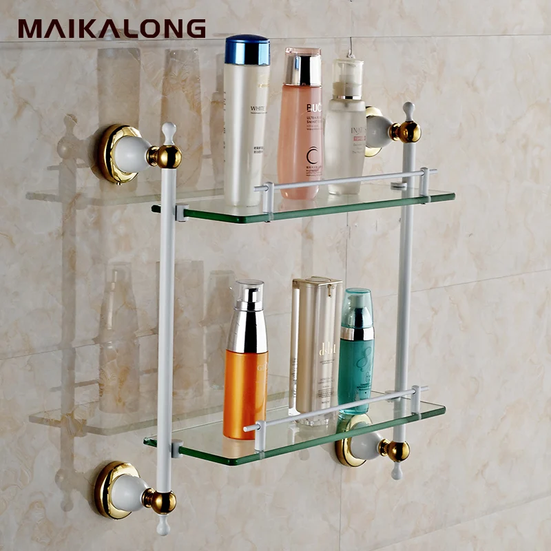 white paiting baked with gold glass shelf double Glass Shelf bathroom