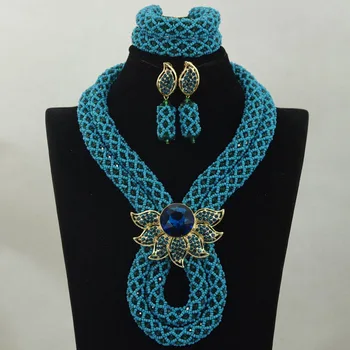 

Charms Teal Blue Party African Women Jewelry Set Crystal Rhinestone Necklace Earrings Brooch Fashion Jewelry Free shipping WA895