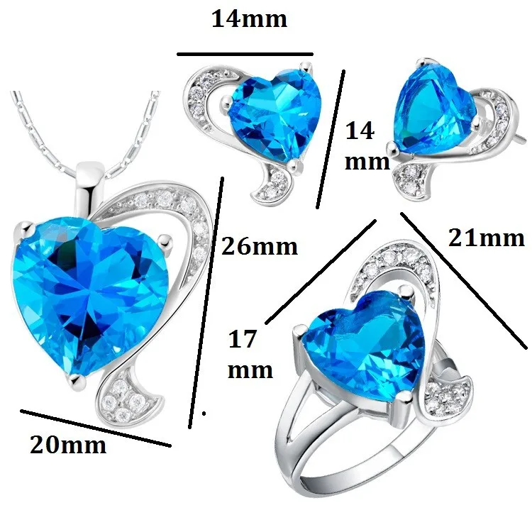 США наличии Ulove серебро Цвет комплект ювелирных изделий Rhinestone фианит Голубой ожерелье в виде сердца кольца День рождения Свадебные подарки