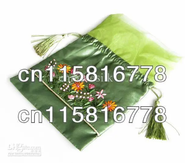 Personalized Wedding Candy Bags Silk Fabric Embroidery Tea Bags Drawstring Pouch 50pcs/lot mix Free