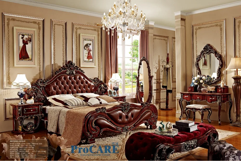 American style bedroom furniture set with red real leather solid wood bed, dressing mirror,special nightstand and coat rack-6016
