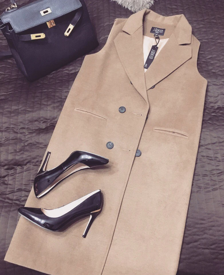 Vest Spring Autumn 2016 Casual Elegant Camel Brown Grey Black Peacoats Jackets Women