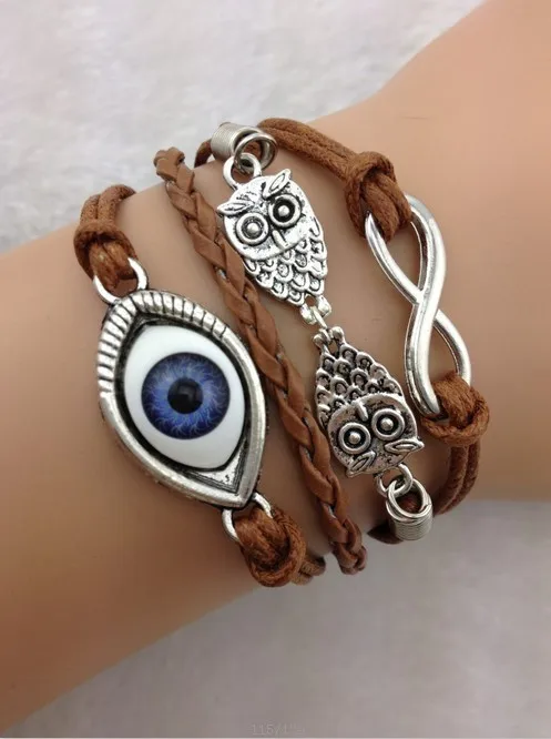 Evil Eye Bracelet - Infinity, Owls & Evil Eye Charm Bracelet in Silver - Wax Cords and Leather Braided Bracelet - Friendship gift 1788