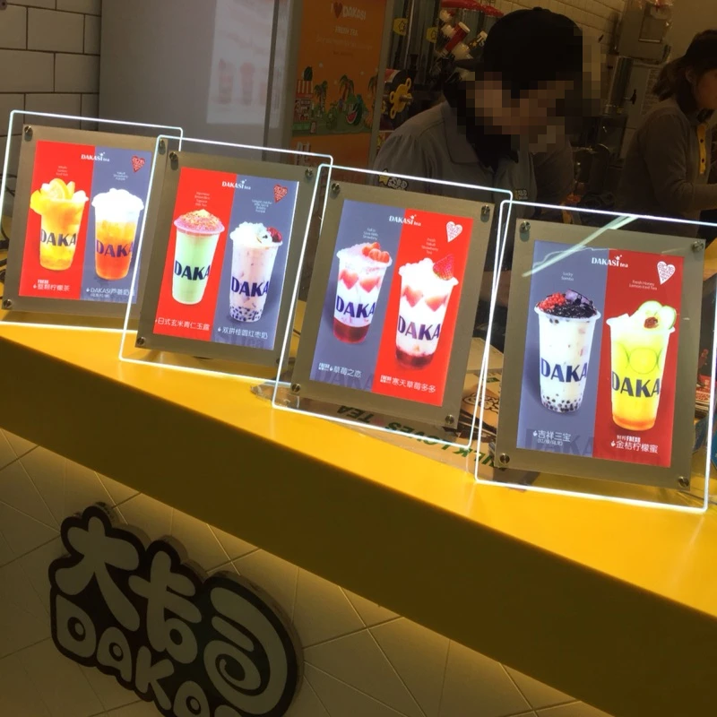 

A4 Table Stand Led Lighted Up Acrylic Menu Frame for Milk Tea Shop / Restaurant