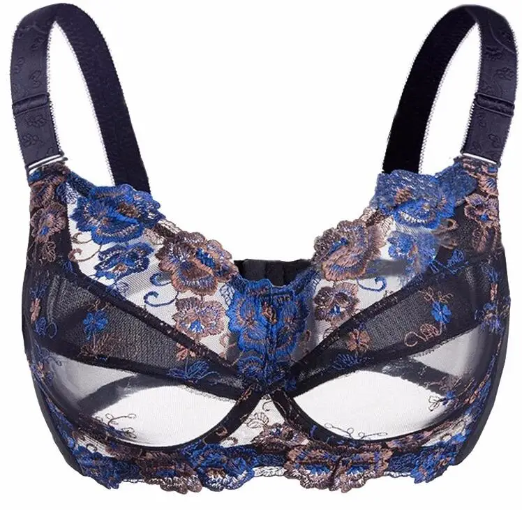 Lace Bra for Womens Full Coverage Floral Embrodiery Underwire Female Ultra Thin Lingerie 34 36 38 40 42 44 46 48 B C D E F G H