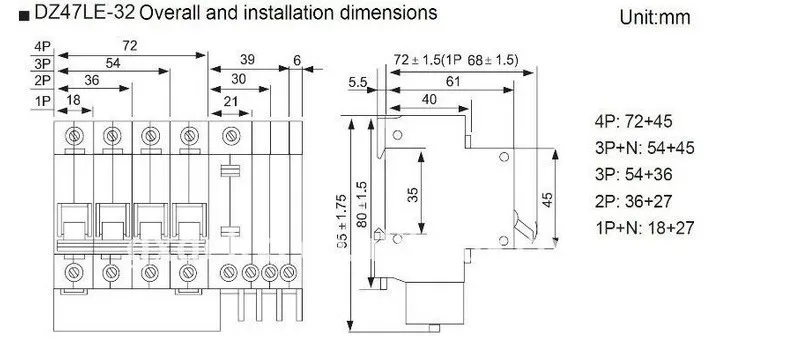 3P 25A DZ47LE-32 400В~ УЗО с защитой от перегрузки по току и утечки RCBO