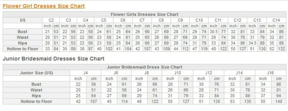Junior and flower girl size chart
