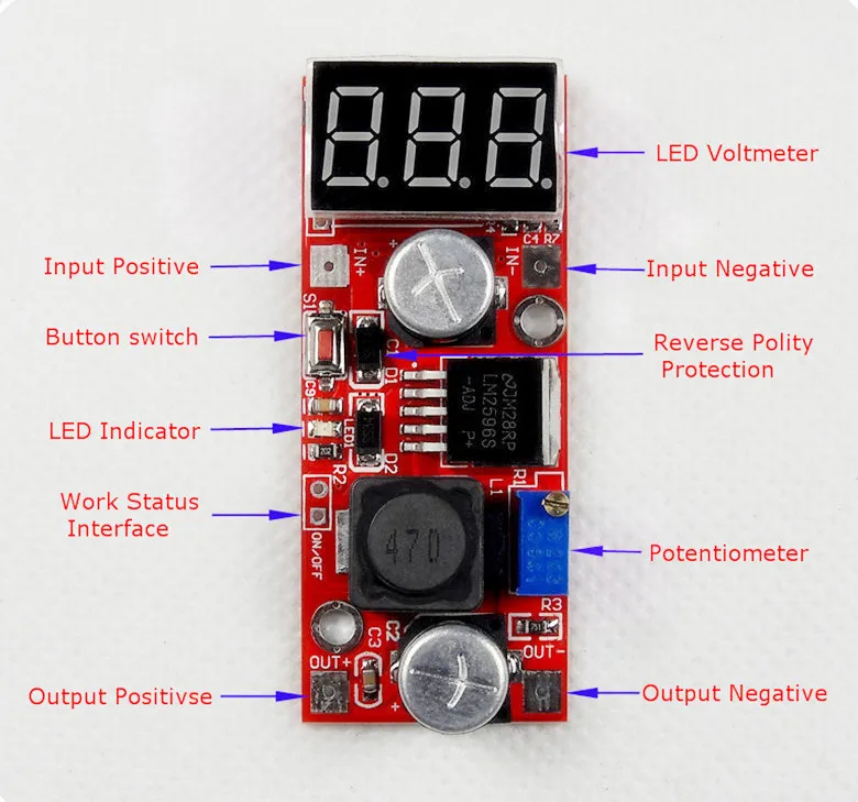 LM2596 DC-DC Регулируемый понижающий модуль питания понижающий преобразователь трехцветный светодиодный вольтметр/кнопочный переключатель [6 шт./лот]