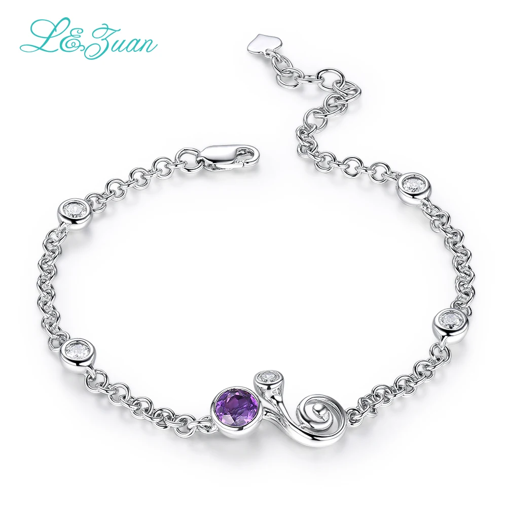 

2017 New Fashion 925 Sterling Silver Natural Amethyst Purple Stone Round Bracelet Jewelry For Women Elegant Flash Party Gift