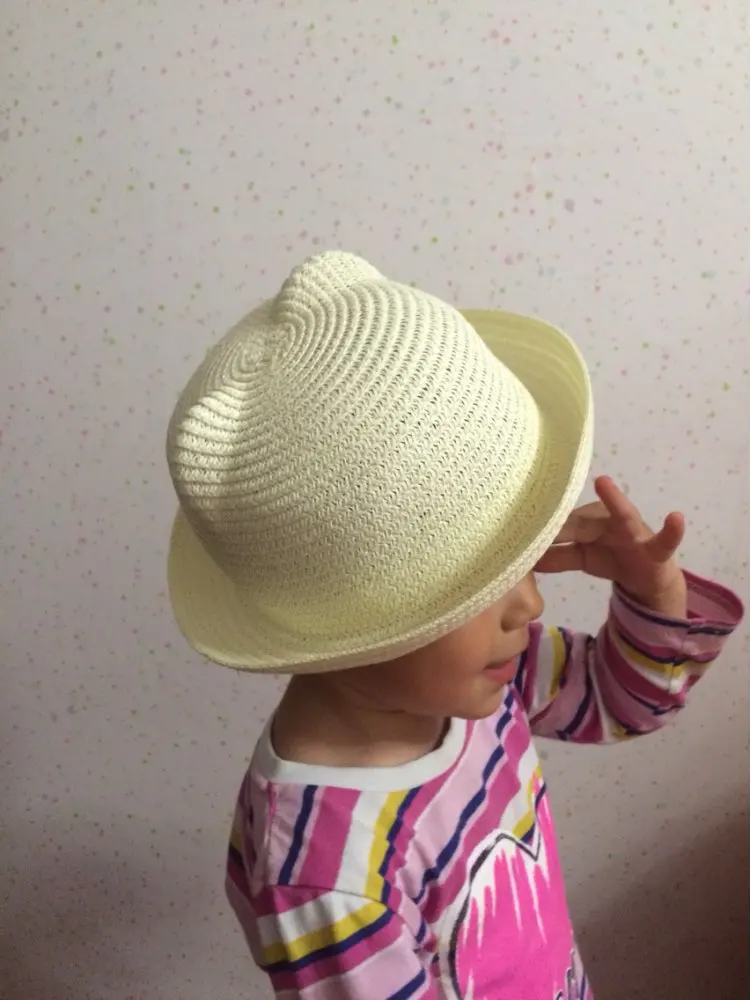 2016 Fashion Straw Hats Summer Baby Ear Decoration Lovely Child Character Girls And Boys Sun Hat Solid Children Floppy Panama