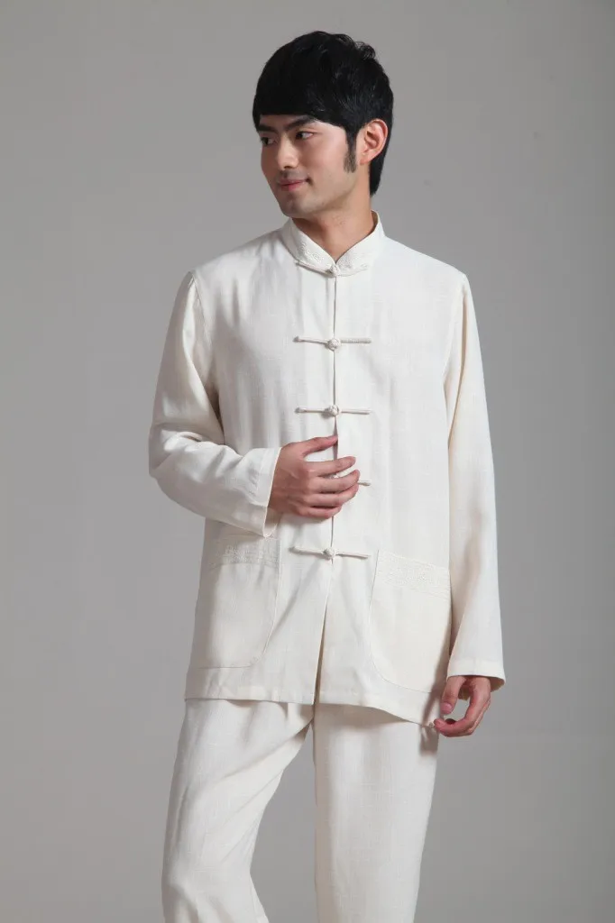 Традиционный китайский стиль бежевый мужской льняной кунг-фу наборы куртка брюки костюм Размер S M L XL XXL XXXL 2352-2