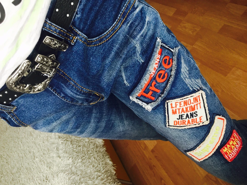 New Spring  Women Jeans Ripped Harem jean Pants Vintage Jeans Patchwork Cross Denim Trousers Loose Jeans clothes