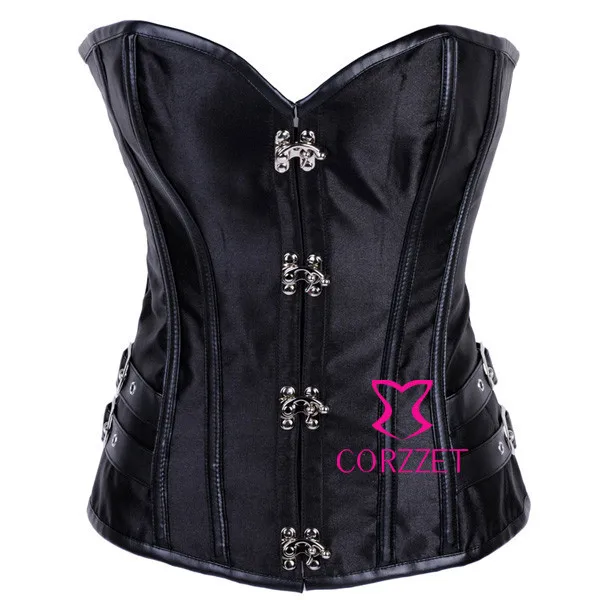 Сталь кольцо пряжками Black Satin Готический корсет, топ, Бюстье сексуальная Korsett для Для женщин корсет, на бюсте Корсеты одежда для бурлеска