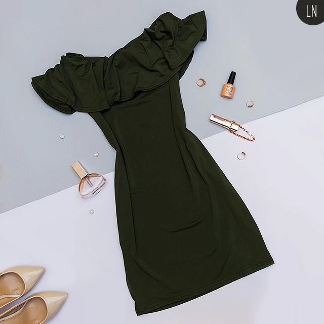 FATIKA Elegant Green Blue Red Ruffle Dress Womens Clothing Summer Dresses Women Sexy Dresses Off The Shoulder Bodycon Dress