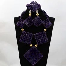 Splendid Metallic Purple Bib Statement Necklace Set Handmade Square Beaded Wedding Party Women Jewelry Set Free Shipping WA968