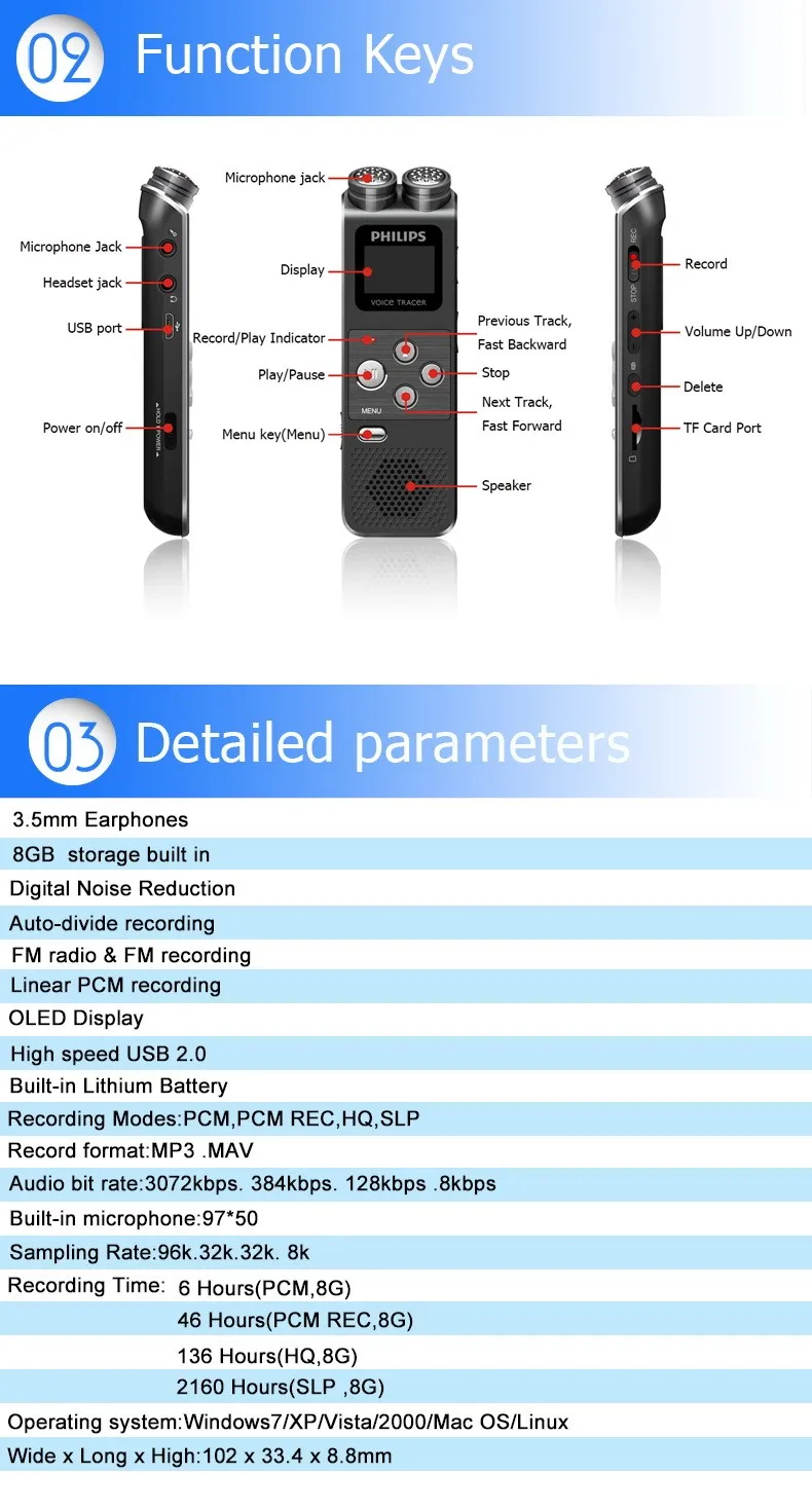 PHILIPS новейший двойной микрофон цифровой диктофон с функцией FM Поддержка AB-Repeat для Reporter VTR6900