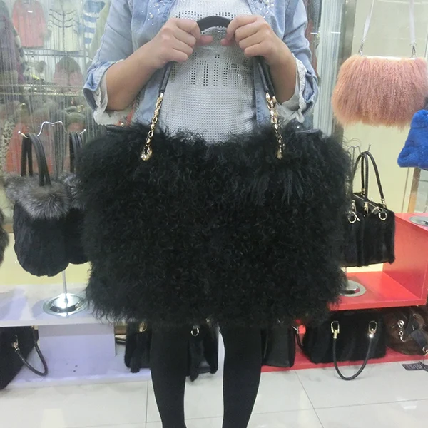 Wholesale Price Ladies White Sheep Fur Handbag / Real Fur Bags