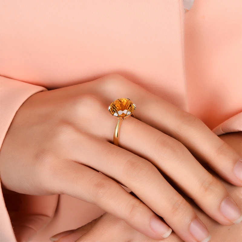 Caimao Jewelry 12mm Round Cut 7.21ct Citrine Ring 14k Gold With Natural Diamond