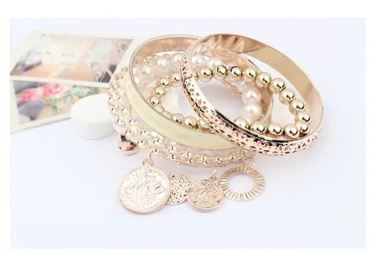 Kymyad браслеты и наборы браслетов женские монеты Имитация Жемчуга Браслеты с подвесками для женщин Bijoux золотой цвет женские жесткие браслеты