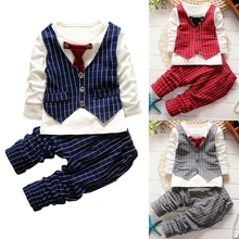 2Pcs Gentleman Cotton Outfits Baby Boys Suit Long Sleeve Striped Tops Shirt + Pants