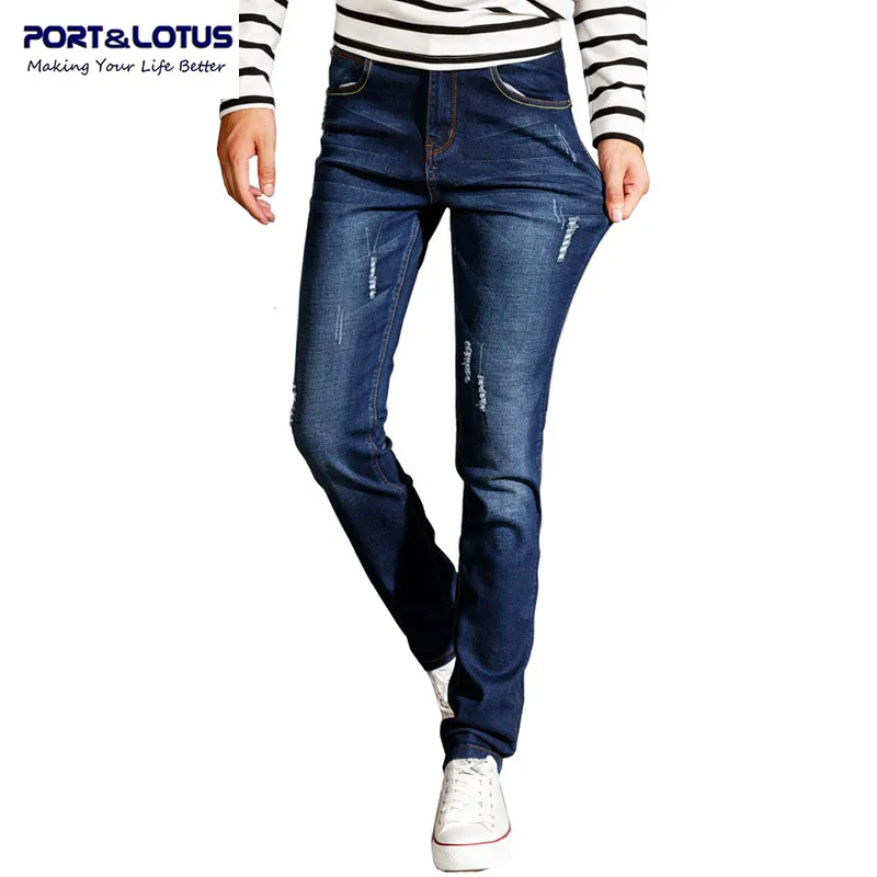 Port Lotus Fashion Casual Jeans New Arrival Zipper Fly Solid Color Mid weight Pencil Pants Slim
