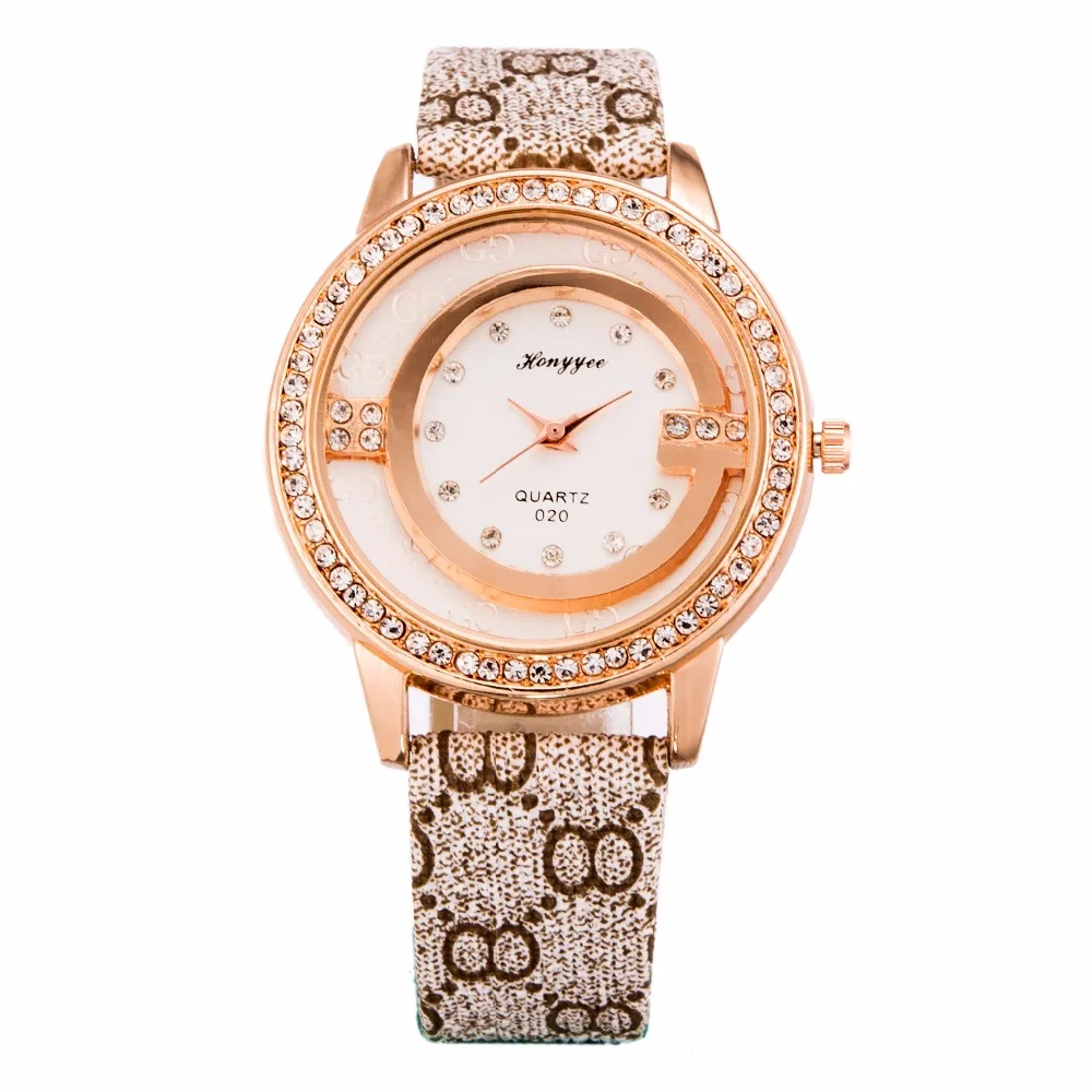 

HY020 Women's Watch Gird Patterned Dress Watch Creative Analog Leather Rhinestone Women Wristwatch