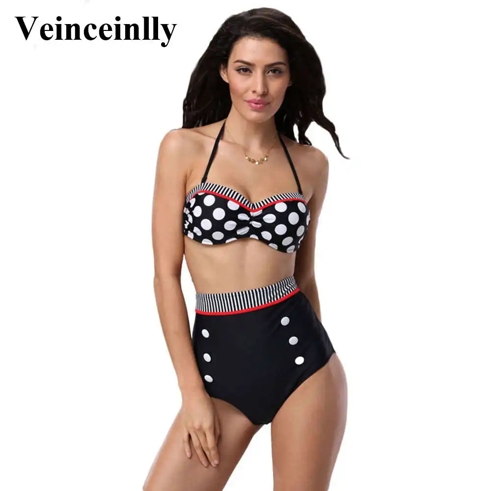 Polka dot push up bikini high waist swimsuit with bra pin up swimwear