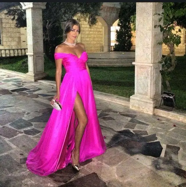 

Fuchsia Thigh high Slits Prom Dresses Sheath Off the Shoulder Deep V Neck Vestidos De Baile Cheap From Online Shop 2016