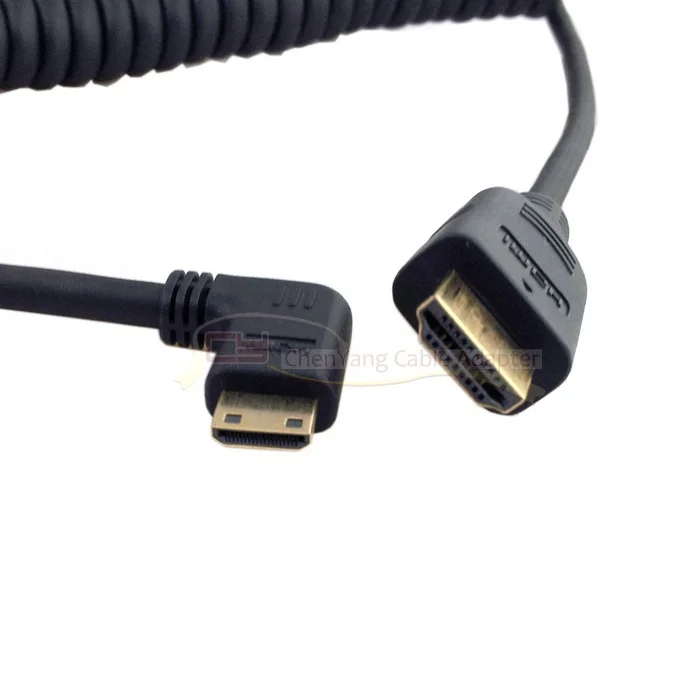 90 градусов правый угловой тип мини HDMI штекер к HDMI Мужской растягивающийся пружинный кабель 4 фута