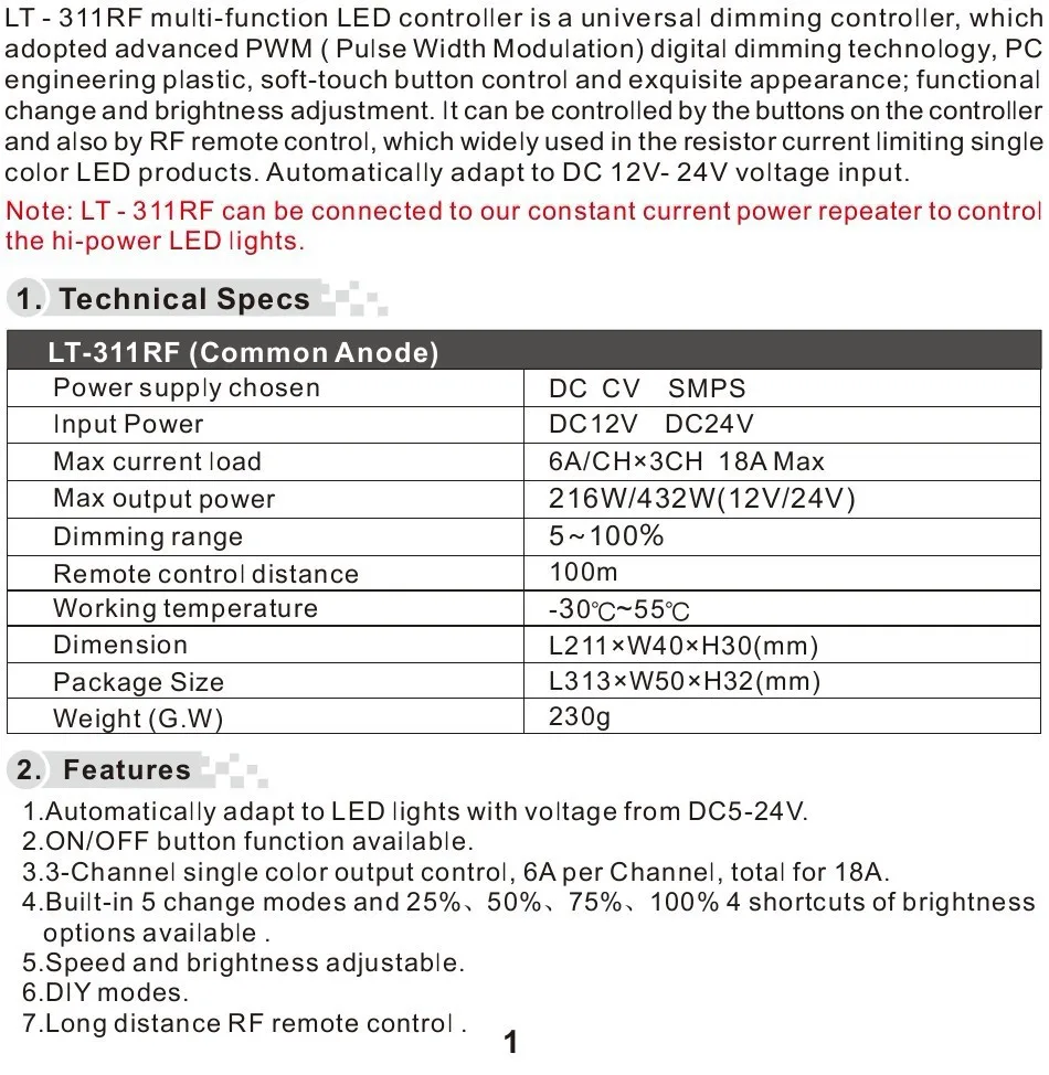 LED 1 диммер с дистанционным 216 Вт/12 В+ 432 Вт/24 В затемнение в диапазоне от 5%- 3 канала одного цвета выход hargable
