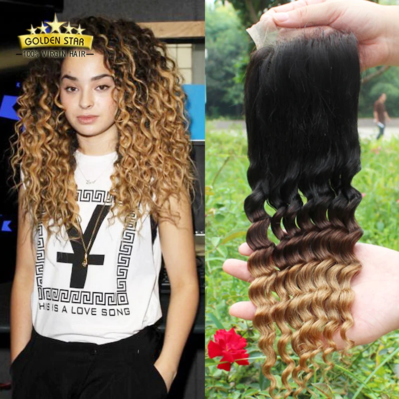 

7A Cheap Malaysian Virgin Hair Kinky Curl 4x4 Lace Closure Top Quality Malaysian Ombre Deep Wave Human Hair Lace Closure 1b 4 27