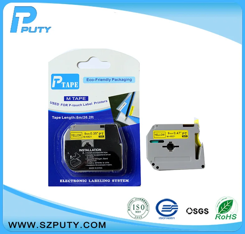 

High Quality 2pcs/lot Compatible for P-touch printer Cartridge 9mm M Tape Black on Yellow Label Tape mk621