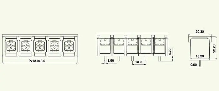 Барьер клеммный блок 13 мм шаг 2P 750V 40A 8-10AWG покрытие из латуни и олова с пластиковой крышкой