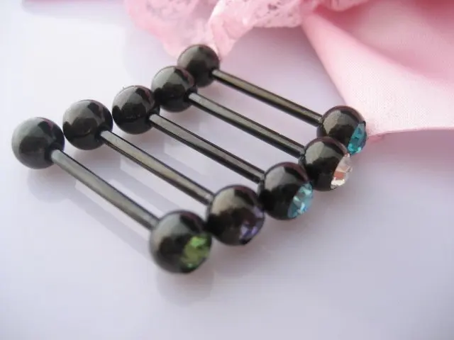 Новый LOT50pcs кристалл черный язык из нержавеющей стали кольцо для соска Бар 14g x 16 мм Украшения для тела