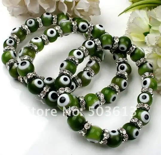 Одна часть 10 мм зеленый сглаза Lampwork Стекло браслет (eb1001)