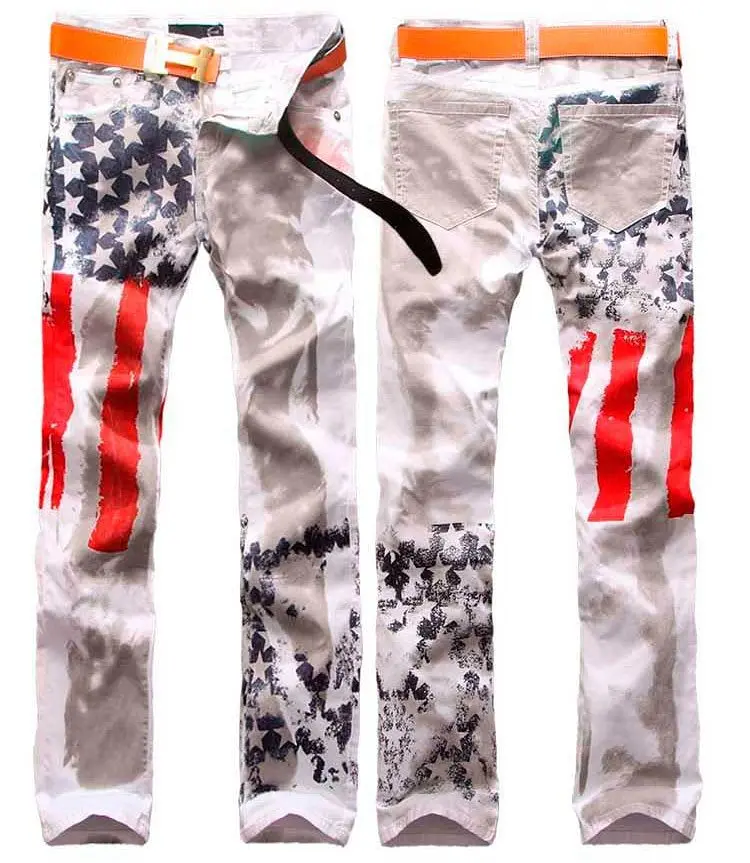 Мужская одежда американский флаг узор мужские джинсы мыть воды зауженные мужские брюки Прямая плюс размер W28-48