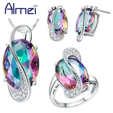 Almei 50% 할인 패션 펜던트 귀걸이 반지 크리스탈 실버 색상 bijoux 아프리카 신비한 jewlery 세트 웨딩 목걸이 세트 t472(China)