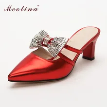 Meotina Designer Shoes Women Luxury 2017 Pointed Toe Ladies Sandals Bow Slippers Party Heels Rhinestone Sandals Slides Red Gold
